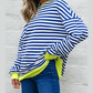 Adilynn Blue Stripe Contrast Ribbed Trim Crossed Stitch Drop Shoulder Sweatshirt