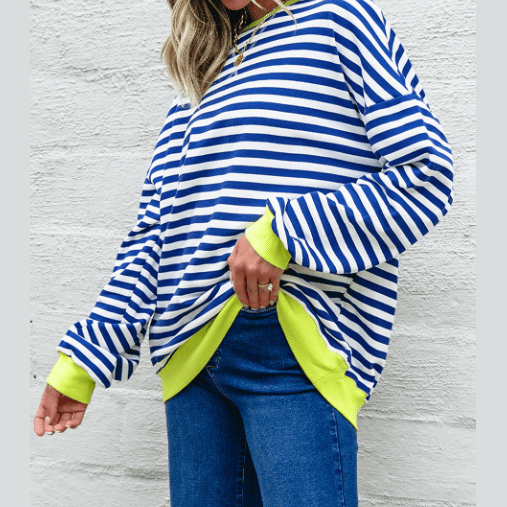 Adilynn Blue Stripe Contrast Ribbed Trim Crossed Stitch Drop Shoulder Sweatshirt