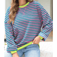 Adilynn Pink/Green Stripe Contrast Ribbed Trim Crossed Stitch Drop Shoulder Sweatshirt