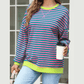 Adilynn Pink/Green Stripe Contrast Ribbed Trim Crossed Stitch Drop Shoulder Sweatshirt