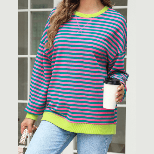 Adilynn Pink/Green Stripe Contrast Ribbed Trim Crossed Stitch Drop Shoulder Sweatshirt