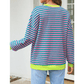 Adilynn Pink/Green Stripe Contrast Ribbed Trim Crossed Stitch Drop Shoulder Sweatshirt