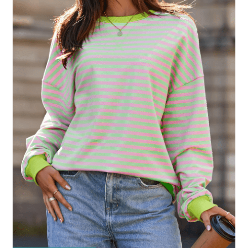 Adilynn Light Pink/Lime Green Stripe Contrast Ribbed Trim Crossed Stitch Drop Shoulder Sweatshirt