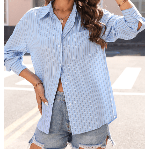 Taphy Sky Blue Stripe Button Up Oversized Casual Shirt