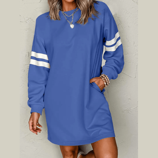 Blue Varsity Contrast Banded Sleeve Shift Sweatshirt Dress