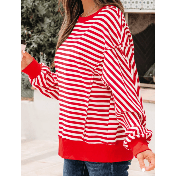 Miley Red Stripe Exposed Seam Drop Shoulder Casual Pullover Top
