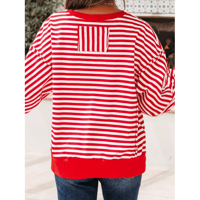 Miley Red Stripe Exposed Seam Drop Shoulder Casual Pullover Top