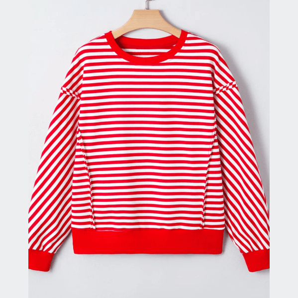 Miley Red Stripe Exposed Seam Drop Shoulder Casual Pullover Top
