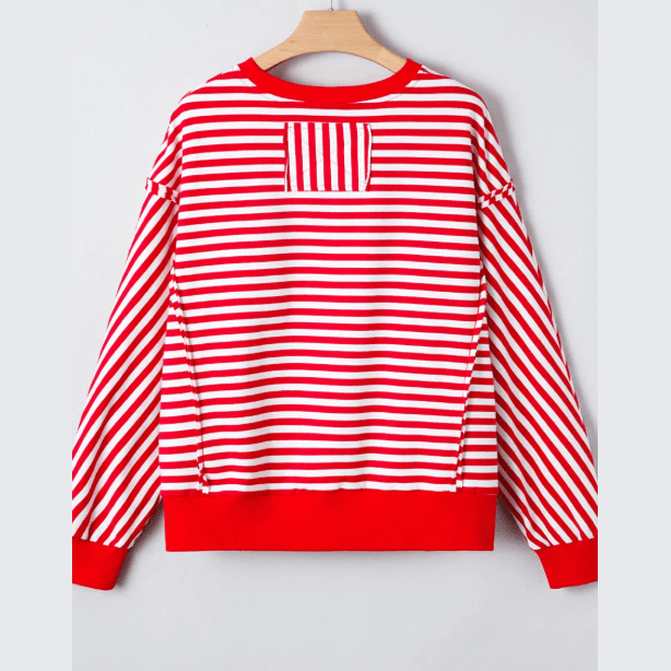Miley Red Stripe Exposed Seam Drop Shoulder Casual Pullover Top