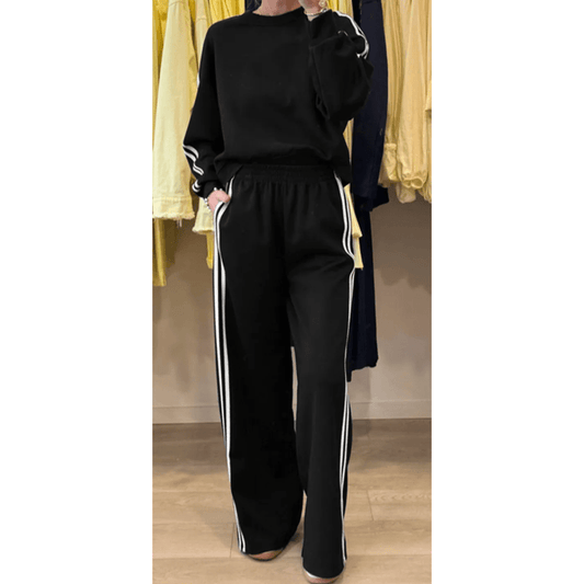 Black Varsity Striped Detail Crewneck Pullover Elastic Sweatpants 2pcs Outfit
