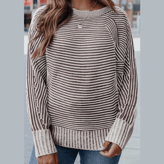 Cari Coffee Striped Print Ribbed Knit Boat Neck Baggy Sweater