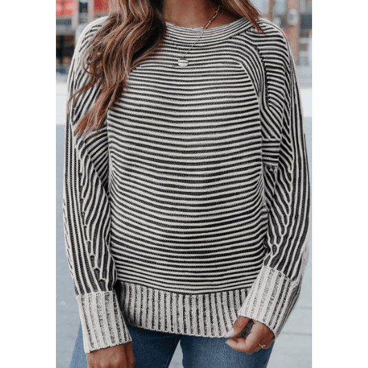 Cari Black Striped Print Ribbed Knit Boat Neck Baggy Sweater