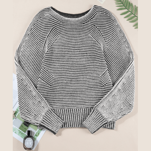 Cari Black Striped Print Ribbed Knit Boat Neck Baggy Sweater