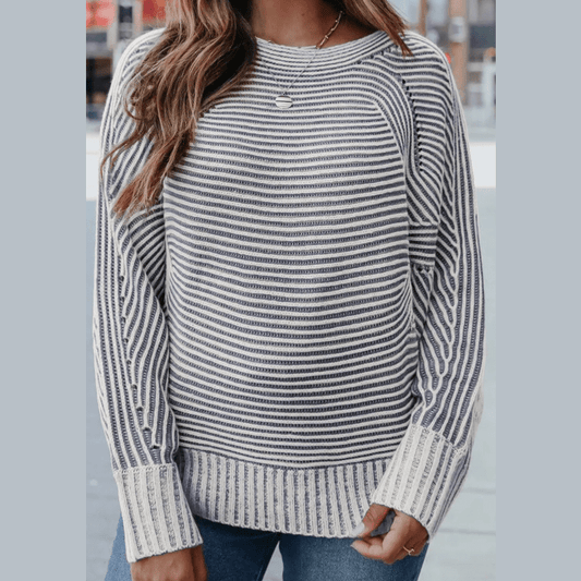 Cari Blue Striped Print Ribbed Knit Boat Neck Baggy Sweater