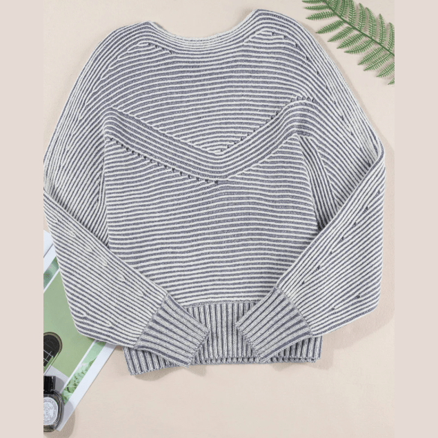 Cari Blue Striped Print Ribbed Knit Boat Neck Baggy Sweater