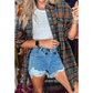 Jaynie Green Plaid Long Sleeve Side Split Distressed Hem Shirt