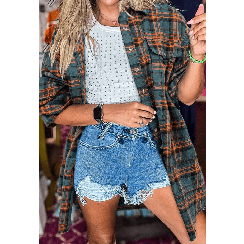 Jaynie Green Plaid Long Sleeve Side Split Distressed Hem Shirt