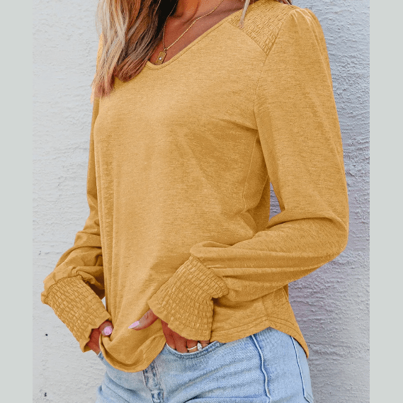 Jaycee Yellow Shirred Shoulder Frilled Cuffs Long Sleeve Top