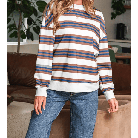 Arlynn Brown Stripe Crew Neck Drop Shoulder Pullover Sweatshirt