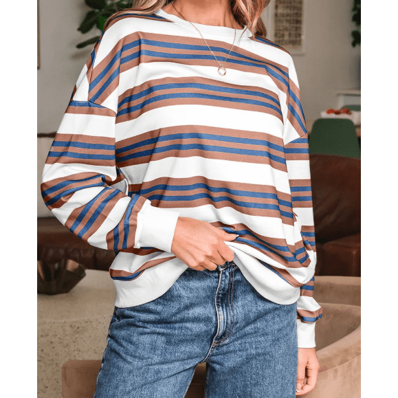 Arlynn Brown Stripe Crew Neck Drop Shoulder Pullover Sweatshirt