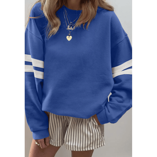 Sky Blue Varsity Striped Detail Drop Shoulder Oversized Sweatshirt