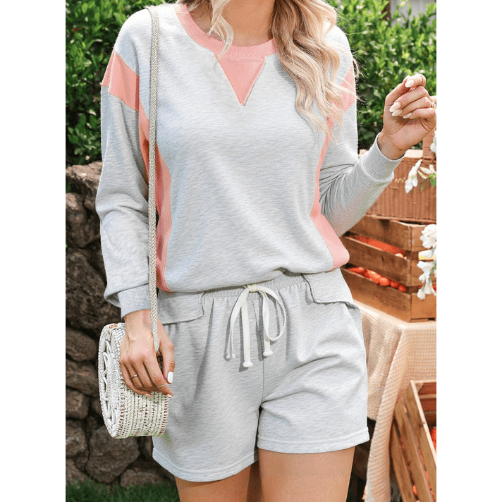 Cari Light Grey Color Block Raw Hem Pullover and Casual Shorts Set