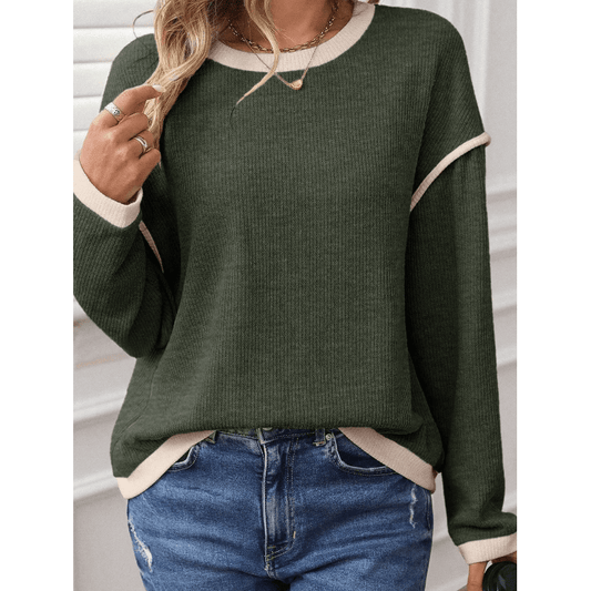 Dayten Green Contrast Color Trim Knit Drop Shoulder Loose Top