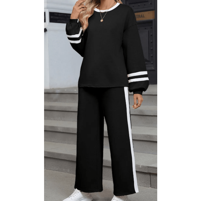 Lassie Black Varsity Stripe Patchwork Puff Sleeve Pullover Drawstring Wide Leg Pant Set