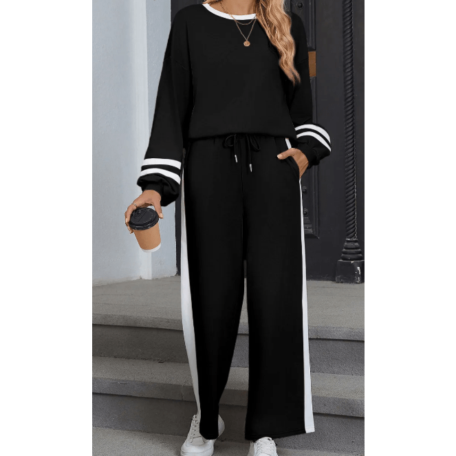 Lassie Black Varsity Stripe Patchwork Puff Sleeve Pullover Drawstring Wide Leg Pant Set