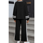Lassie Black Varsity Stripe Patchwork Puff Sleeve Pullover Drawstring Wide Leg Pant Set