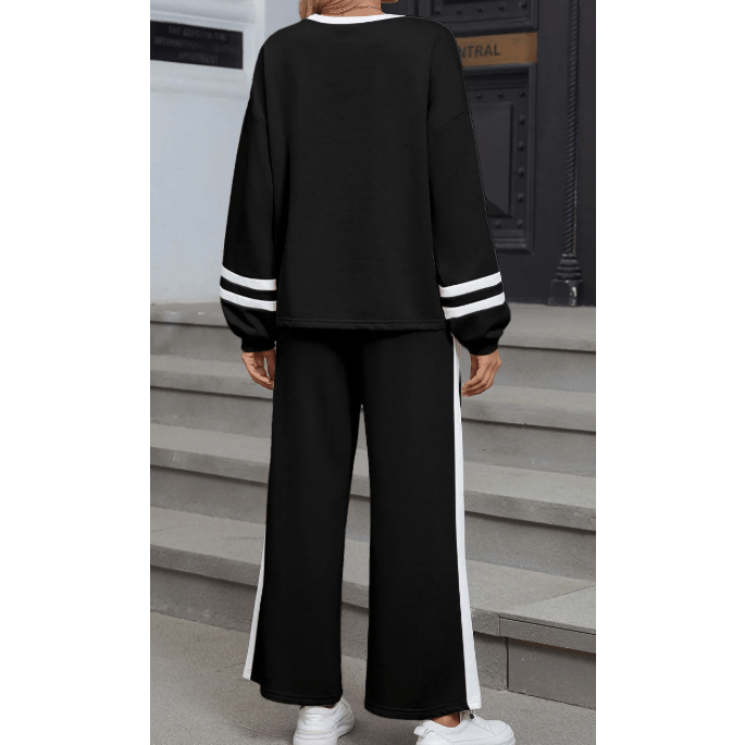 Lassie Black Varsity Stripe Patchwork Puff Sleeve Pullover Drawstring Wide Leg Pant Set