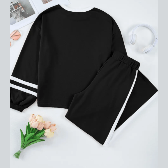 Lassie Black Varsity Stripe Patchwork Puff Sleeve Pullover Drawstring Wide Leg Pant Set