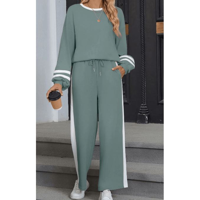Lassie Green Varsity Stripe Patchwork Puff Sleeve Pullover Drawstring Wide Leg Pant Set