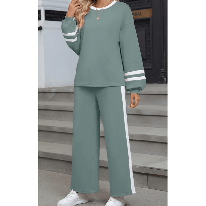 Lassie Green Varsity Stripe Patchwork Puff Sleeve Pullover Drawstring Wide Leg Pant Set