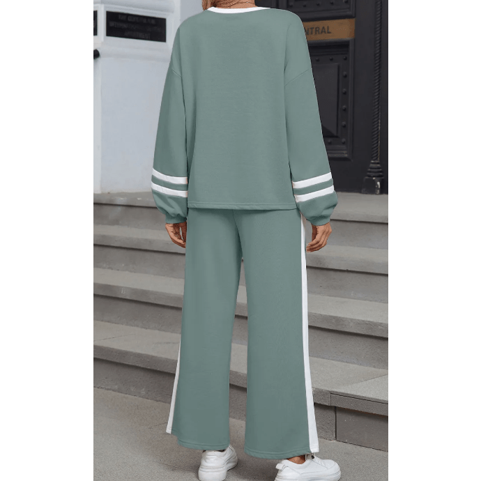 Lassie Green Varsity Stripe Patchwork Puff Sleeve Pullover Drawstring Wide Leg Pant Set
