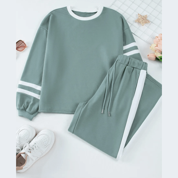 Lassie Green Varsity Stripe Patchwork Puff Sleeve Pullover Drawstring Wide Leg Pant Set