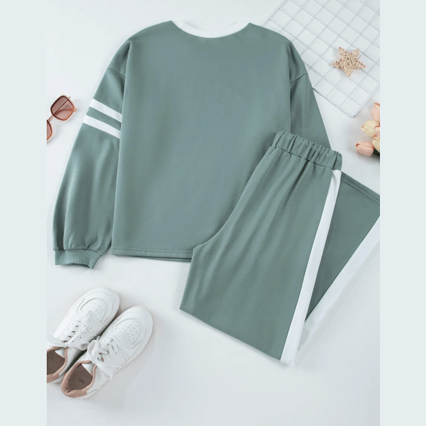 Lassie Green Varsity Stripe Patchwork Puff Sleeve Pullover Drawstring Wide Leg Pant Set