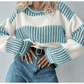 Alexee Blue Two Tone Striped Patchwork Drop Shoulder Loose Sweater