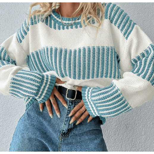 Alexee Blue Two Tone Striped Patchwork Drop Shoulder Loose Sweater