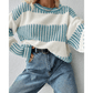 Alexee Blue Two Tone Striped Patchwork Drop Shoulder Loose Sweater