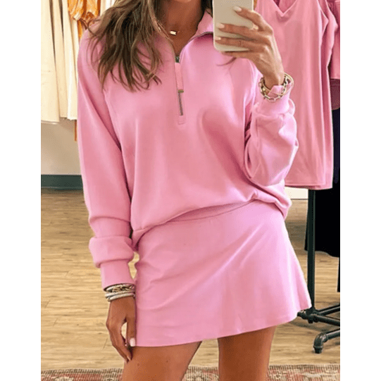 Emberlynn Pink Half Zip Sporty Pullover Mini Skirt 2pcs Outfit