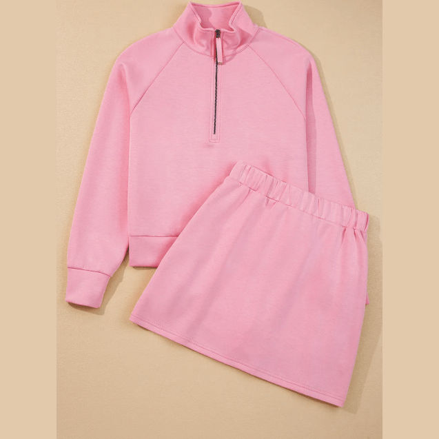 Emberlynn Pink Half Zip Sporty Pullover Mini Skirt 2pcs Outfit