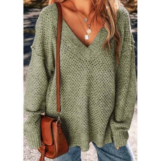 Trinky Jungle Green Loose Eyelet V Neck Drop Shoulder Sweater