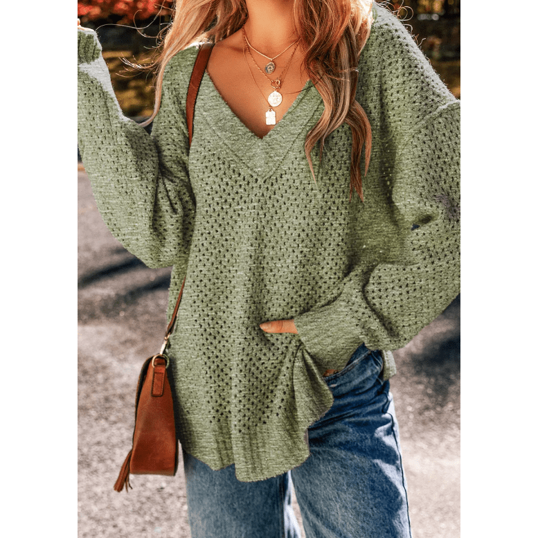 Trinky Jungle Green Loose Eyelet V Neck Drop Shoulder Sweater