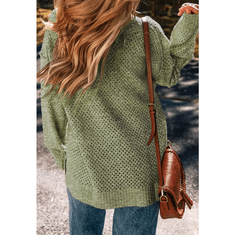 Trinky Jungle Green Loose Eyelet V Neck Drop Shoulder Sweater