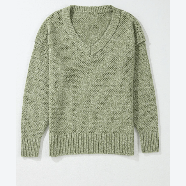 Trinky Jungle Green Loose Eyelet V Neck Drop Shoulder Sweater