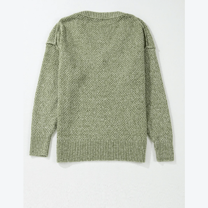 Trinky Jungle Green Loose Eyelet V Neck Drop Shoulder Sweater