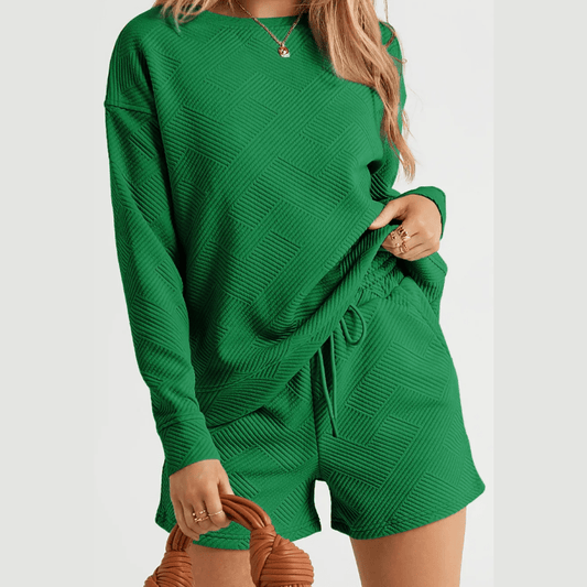 Jamilla Green Textured Long Sleeve Top and Drawstring Shorts Set