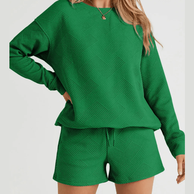 Jamilla Green Textured Long Sleeve Top and Drawstring Shorts Set