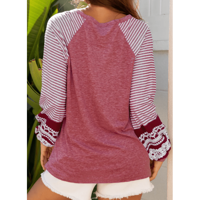 Flossy Red Contrast Print Striped Raglan Long Sleeve Loose Top